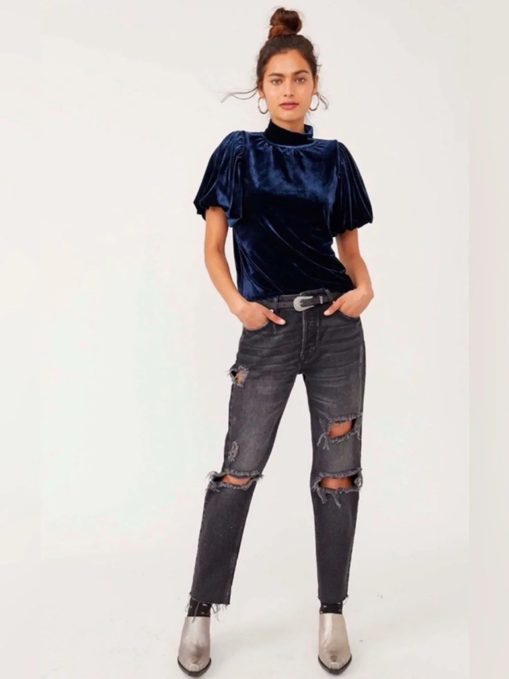 Free People Claudia Velvet Puff Sleeve Top Blouse Outerspace Blue Large